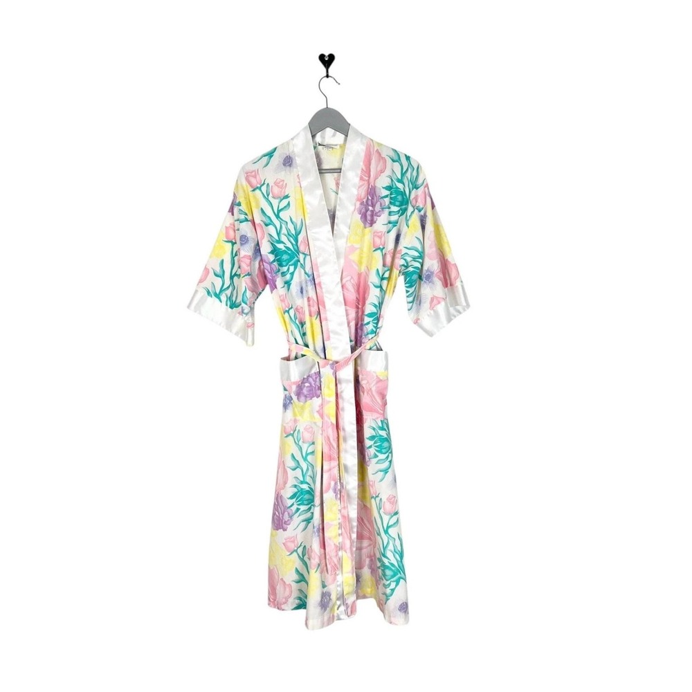 Vintage Robe spring flowers 1/2 Sleeve Satin Trim Size small Apostrophe